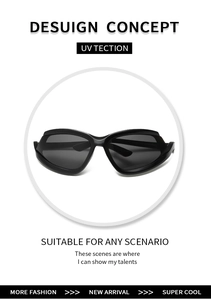 Detail showing the aerodynamic black Y2K sports sunglasses with wrap-around shield design