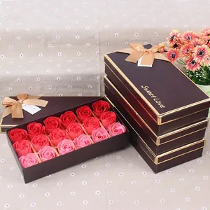 Romantic gift box with 18 gradient rose soap flowers featuring champagne bow and gold trim