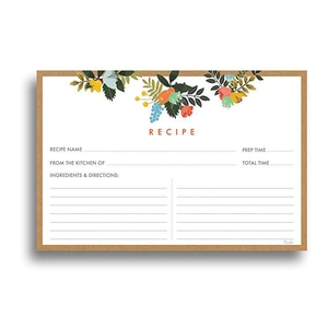 Detailed view of 10x15cm floral recipe card with fields for ingredients and directions