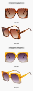 Detailed front and side views of leopard and orange square sunglasses with gradient lenses
