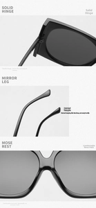 Detailed views of sturdy metal hinges, curved temples, and comfortable nose pads on sunglasses