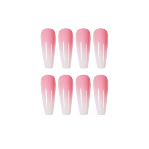 Long glossy coffin nails with soft pink and white ombre gradient effect