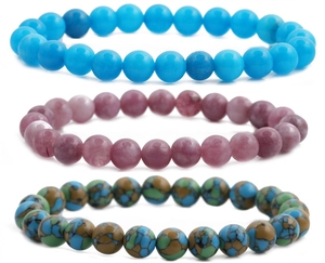 Detailed view of three 8mm-10mm natural stone tiger eye bead stretch bracelets in various colors