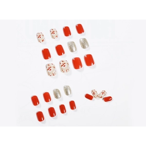 Red and white floral press-on nails set with gold glitter and glossy finish