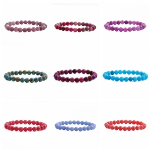 Detail of 3x3 grid showing nine colorful 8mm emperor stone elastic bead bracelets