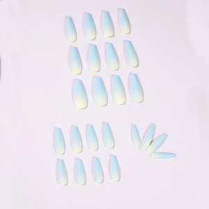 Faux ongles ballerine longs dégradé bleu et jaune lot de 24 pièces forme cercueil