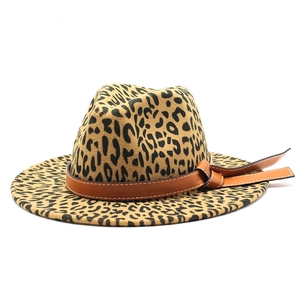 Classic leopard print fedora hat with brown leather band and vintage wool felt texture