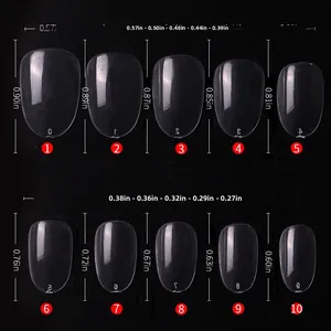 Size chart showing width and length in inches for 10 sizes of round false nail tips