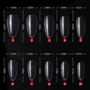 Size chart for clear almond almond-shaped press-on nails with full cover dimensions