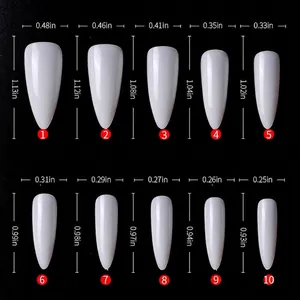 Size chart for clear almond stiletto fake nail tips showing ten different dimensions