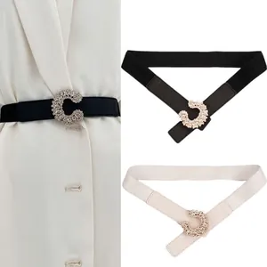 Women Elastic Corset Belt Rhinestone C-Shaped Buckle Thin Waistband For Dresses Faux Leather Stretch Versatile Waist Accessory