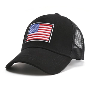 Classic black trucker hat with American flag embroidery and breathable mesh back