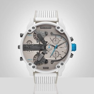 Detailed view of large multi-timezone watch dial with white breathable sports strap