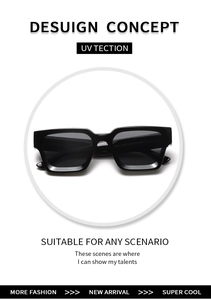 Detail showing square black plastic sunglasses frame with UV protection feature