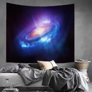 Macro detail of high-quality polyester galaxy tapestry showing a spiral nebula design