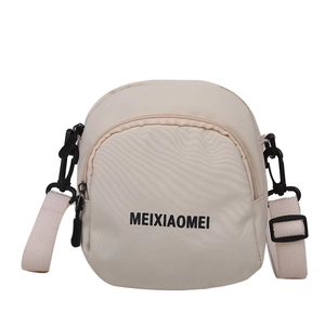Minimalist beige nylon crossbody bag with zipper closure and adjustable shoulder strap