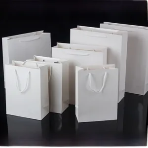 Detailed set of various sized white paper gift bags with sturdy white twisted rope handles