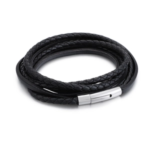 Men's punk style multi-layer black braided leather bracelet with stainless steel clasp