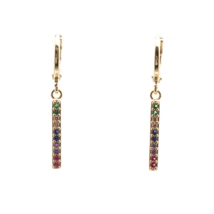 Gold hoop earrings with dangling long bar pendants featuring colorful micro-pave zircons