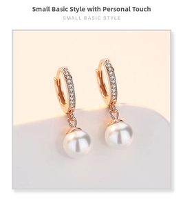 Detail of rose gold pearl hoop earrings with white micro-pave cubic zirconia accents