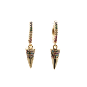 Detail of gold hoop earrings featuring multi-color micro-pave stones and a tapered drop pendant