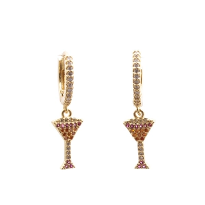 Detail of gold martini glass drop earrings with micro-inlaid colorful zircons