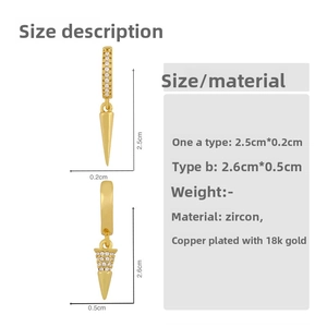 Size chart for 18K gold plated spike earrings featuring dimensions and zircon material info