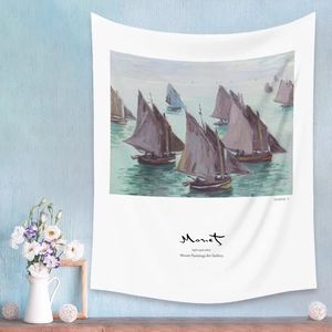 Artistic Monet sailboat wall tapestry showing impressionist sea landscape in detail