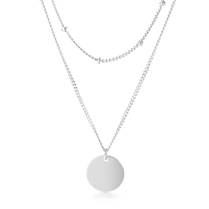 Minimalist silver-tone double-layered titanium steel necklace with a round pendant tag