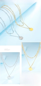 Detail view of double-layer titanium steel necklace with round geometric disc pendant