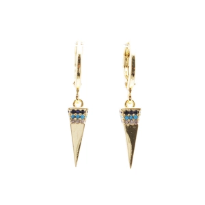 Detail view of gold earrings with blue and white striped drop pendants and micro-zirconia