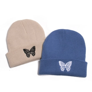 Butterfly Embroidery Knit Beanie Warm Winter Cuffed Skull Cap For Women Men Trendy Outdoor