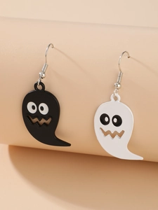 Close-up of Halloween ghost drop earrings with black and white drip oil finish