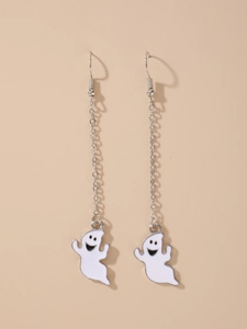 Detail of dangling white ghost earrings with silver hooks for Halloween costume