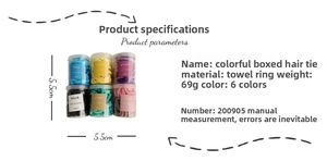 Detail view of colorful seamless towel scrunchies set in six gradient hues with 5.5cm sizing