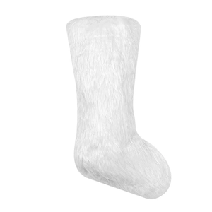 White fluffy plush Christmas stocking with soft faux fur texture for holiday gifts