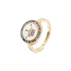 Golden adjustable crown ring with colorful cubic zirconia and white enamel surface