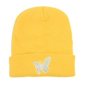 Detailed view of yellow ribbed knit beanie featuring delicate butterfly embroidery