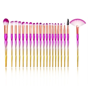 Detailed set of 20 diamond-shaped purple gradient makeup brushes on white background