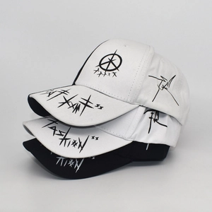 Graffiti style baseball caps with fashion print in black and white color stacked layout