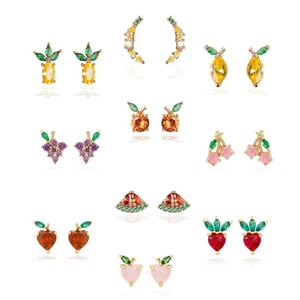 Colorful fruit-shaped copper earrings with cubic zirconia in various fruit designs