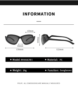 Detailed size specifications of the Y2K wrap-around sports sunglasses in PC material