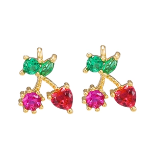Fashionable DIY gold-plated cherry pendant earrings with sparkling colorful zircons