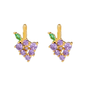 Fashionable DIY gold-plated grape earrings with colorful zircons and green leaves