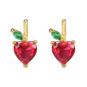 Detail of apple-shaped earrings featuring red heart-shaped stones and green leaf gems