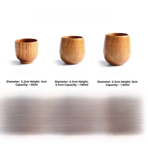 Detailed size specifications for small to large belly-shaped natural wooden cups