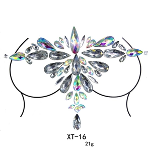 Macro view of XT-16 body jewelry sticker with teardrop AB rhinestones for festivals