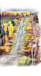 Detailed landscape drawing showing rich autumn forest colors made with colored pencils