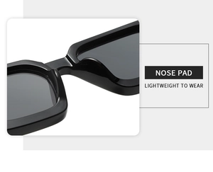 Detail of the integrated nose pad design on thick square plastic frame sunglasses