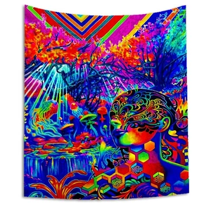 Psychedelic wall tapestry with fluorescent mushroom and portrait for dorm decor